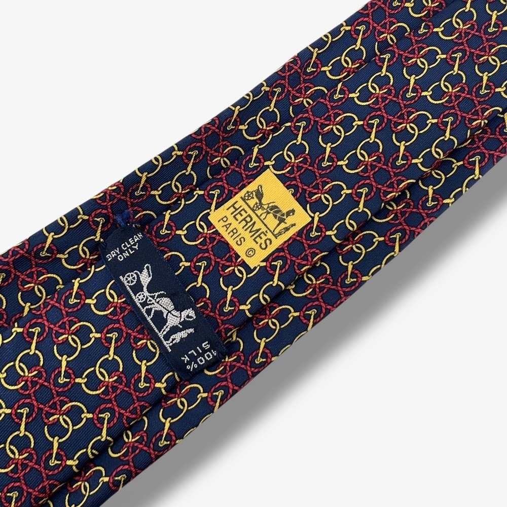 Hermes Silk Tie Mens OS Navy Blue Gold Red Chain Link Rope 7468 HA France
